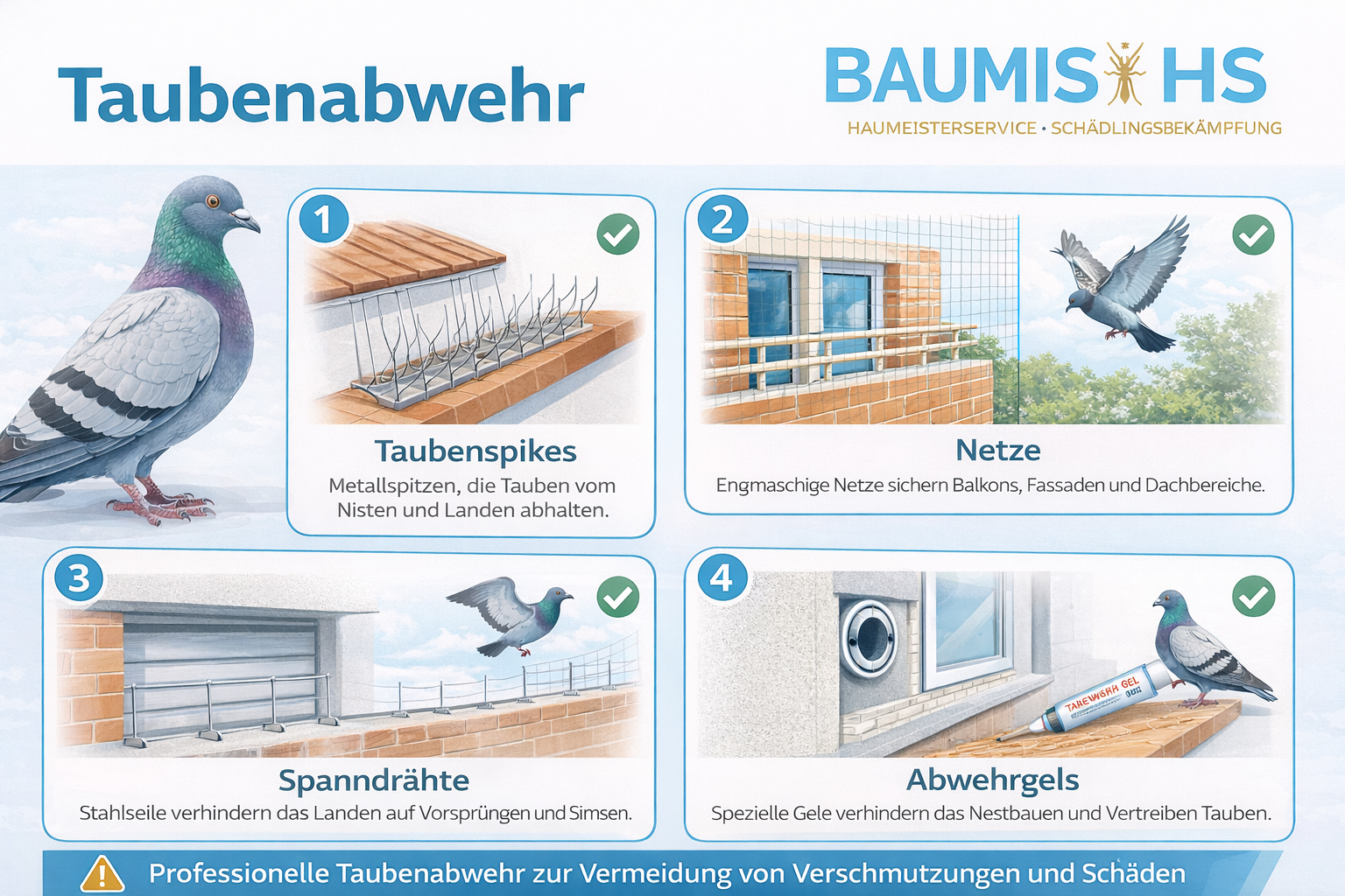 Infografik von Baumis-HS zu Taubenspikes, Taubennetzen, Spanndrähten und Abwehrgel