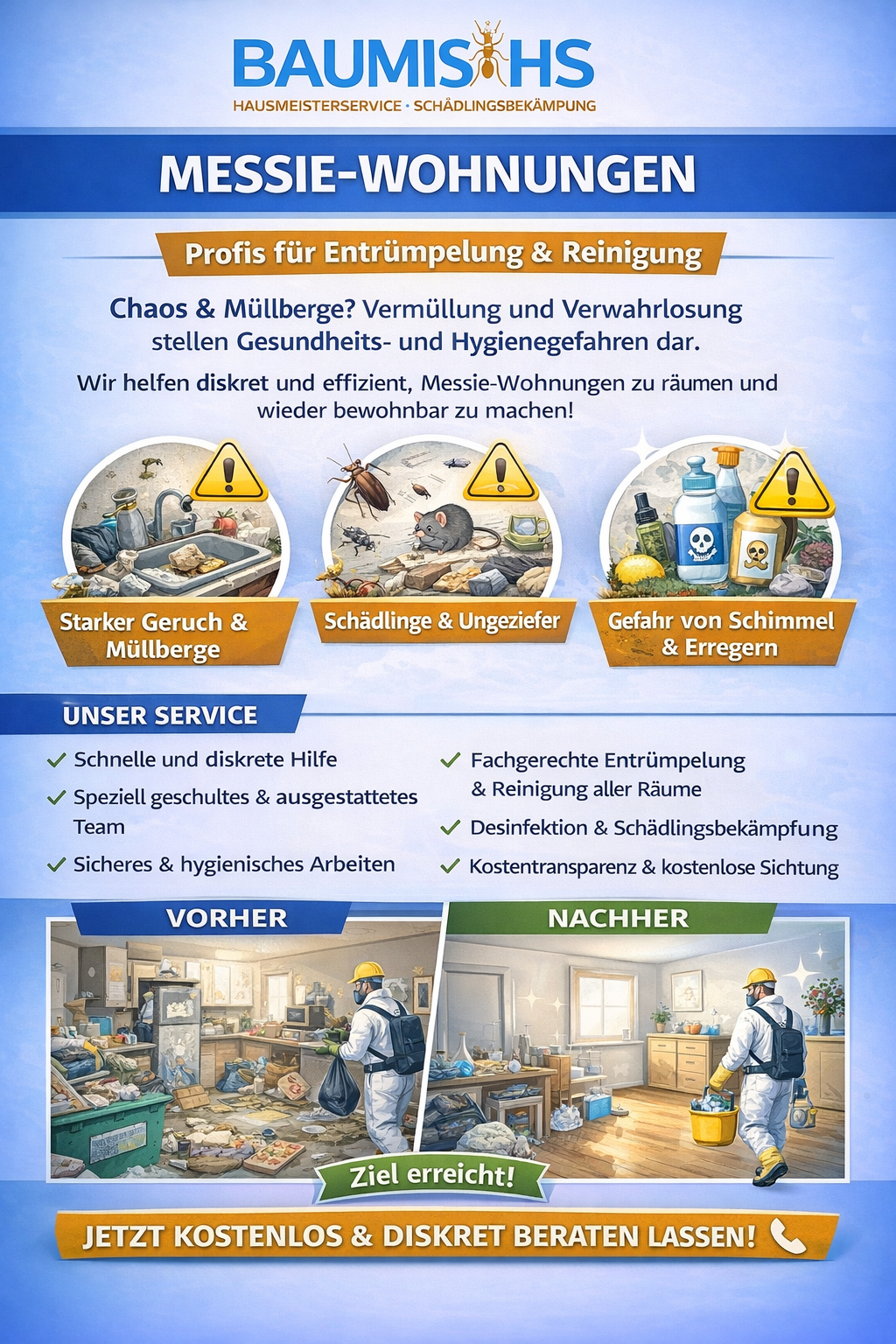Infografik Messie-Wohnungen – Entrümpelung und Reinigung durch Baumis-HS